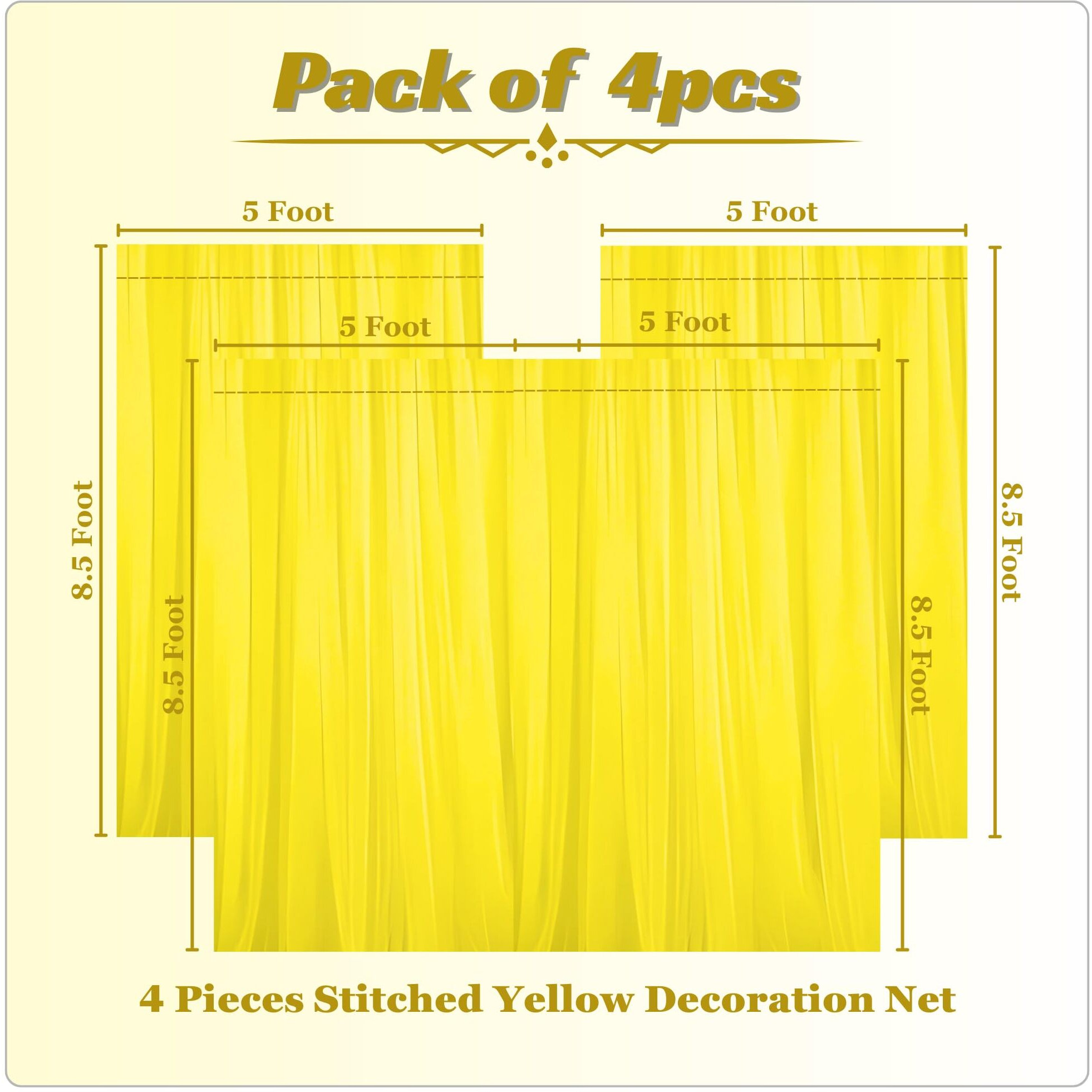 1Iam 4Pcs Yellow Decoration Net Curtains - Large Size, Stitched With Ribbon, Nylon Made, Reusable, Soft, Wrinkled Free, 8.5X5Ft Each, Backdrop Net For Birthday, Anniversary Party Decoration
