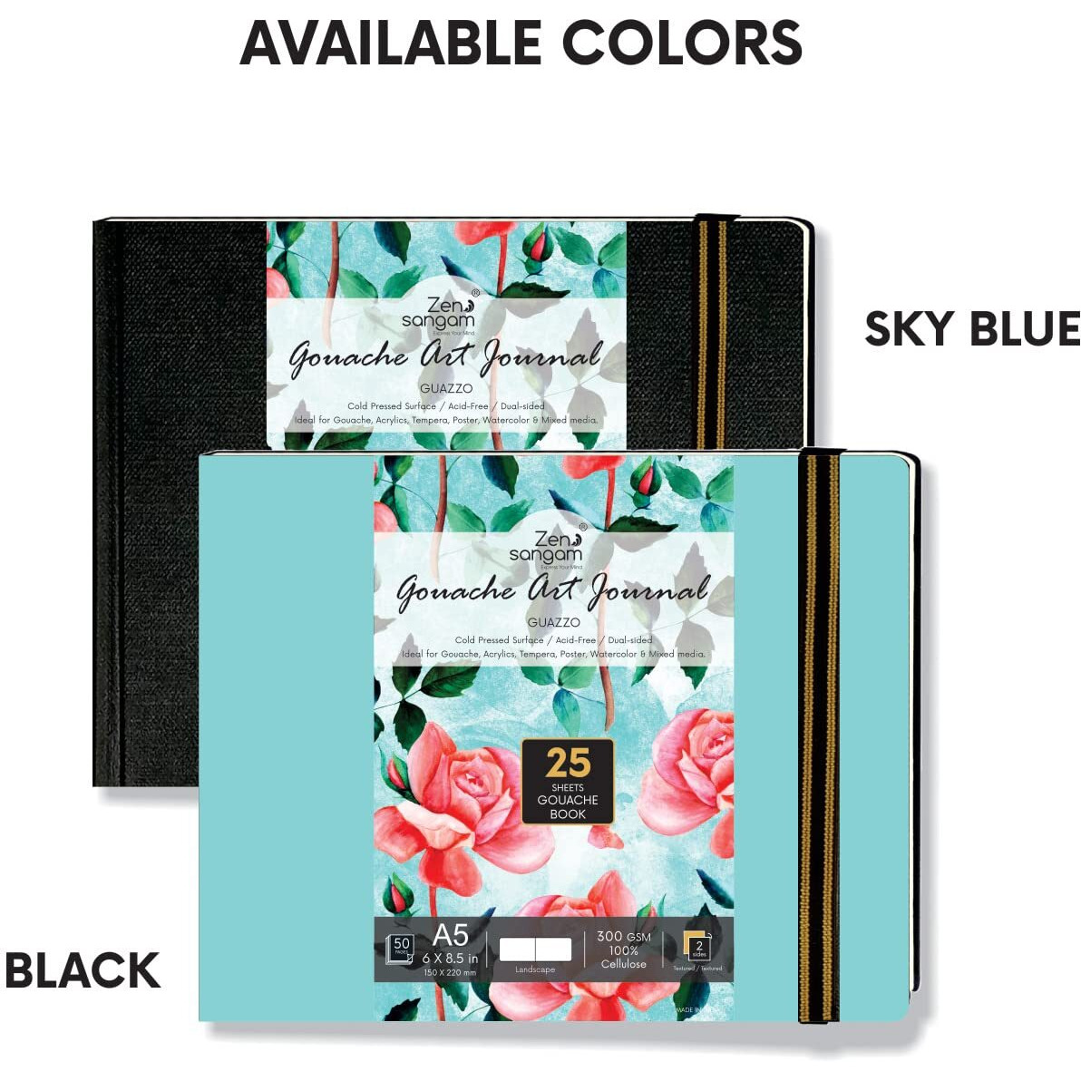 Zen Sangam Express Your Mind A5 Gouache Premium Art Journal Landscape 300 Gsm Cold Pressed Gouache Book (14.8 X 21Cm, Sky Blue) - 50 Pages (25 Sheets)