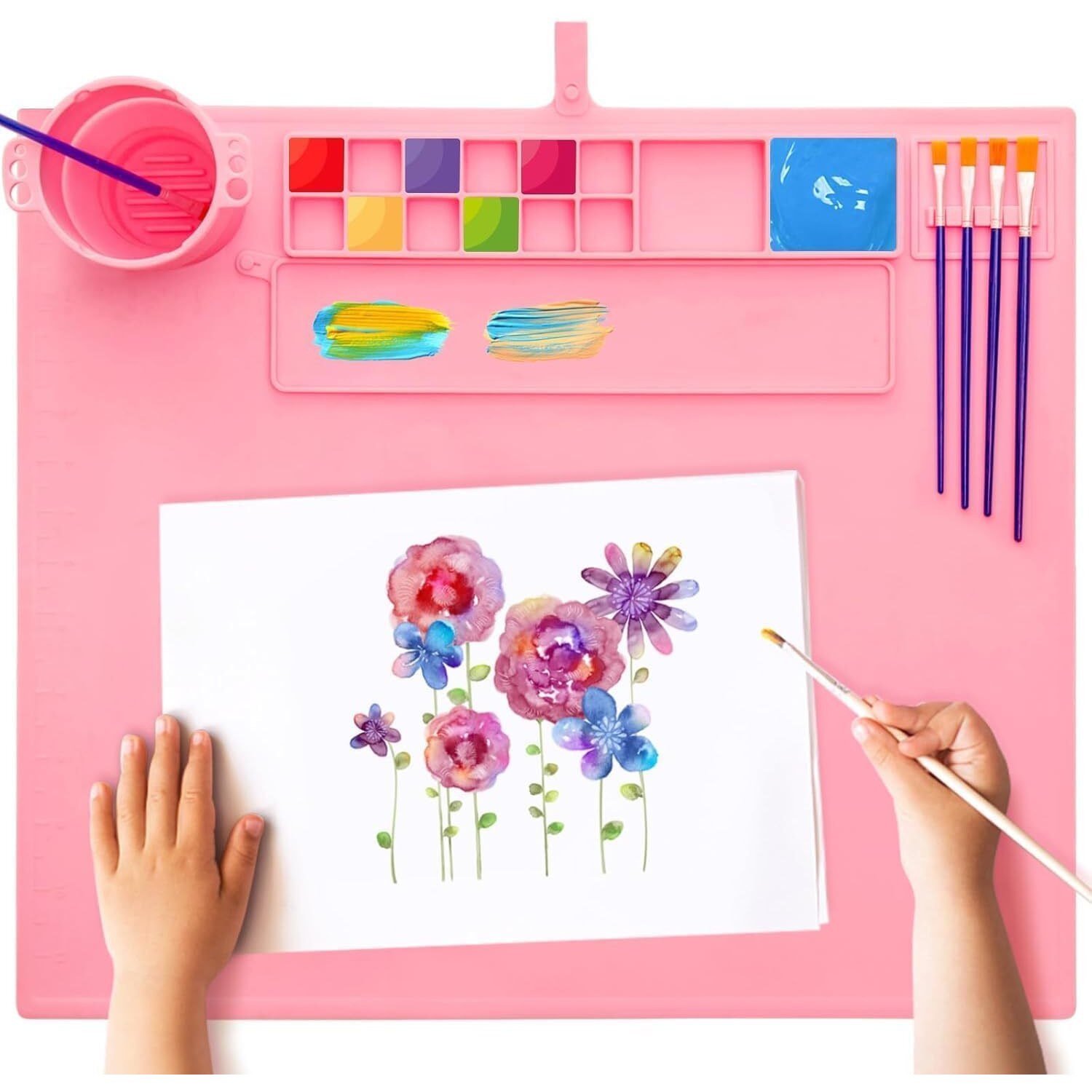 Glssom 43 * 38Cm Silicone Craft Painting Mat With Brush Holders Perfect For Painting Non-Stick Multipurpose Sheet For Resin, Diy, Clay Doms Colour Kit Cleaning Cup And Color Mixing Plate