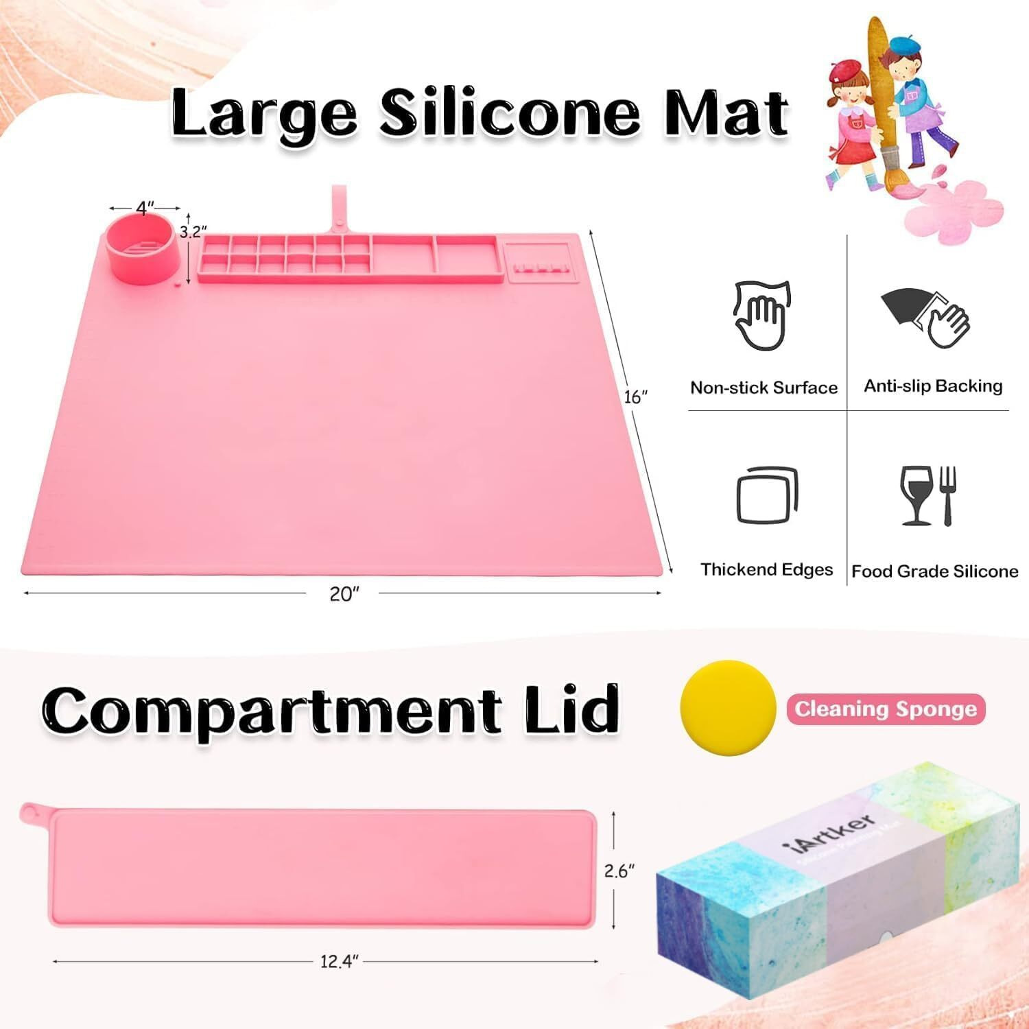 Glssom 43 * 38Cm Silicone Craft Painting Mat With Brush Holders Perfect For Painting Non-Stick Multipurpose Sheet For Resin, Diy, Clay Doms Colour Kit Cleaning Cup And Color Mixing Plate