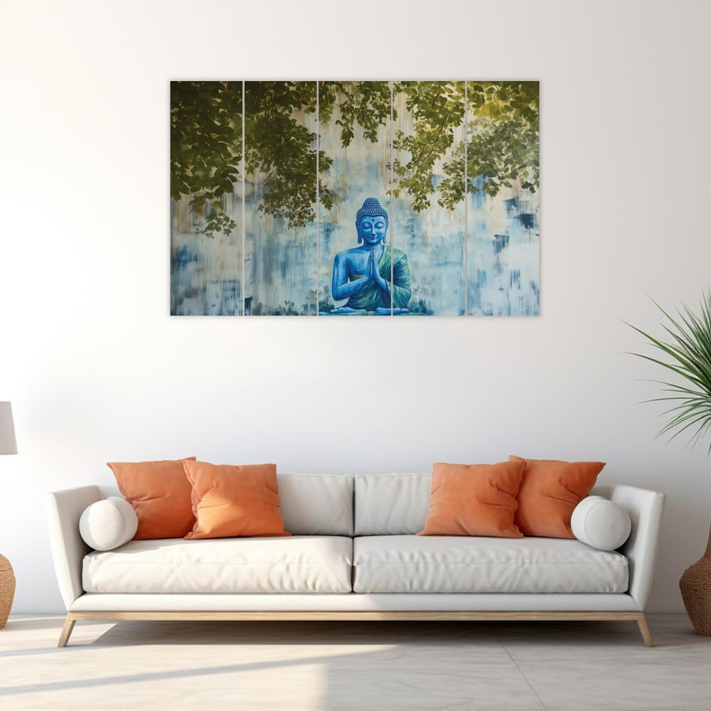 Inephos Multiple Frame Buddha Wall Art Set | Spiritual & Zen Decor Painting For Living Room, Drawing Room, Bedroom, Office, Hotels Etc (Wooden, 50 Inches X 30 Inches)
