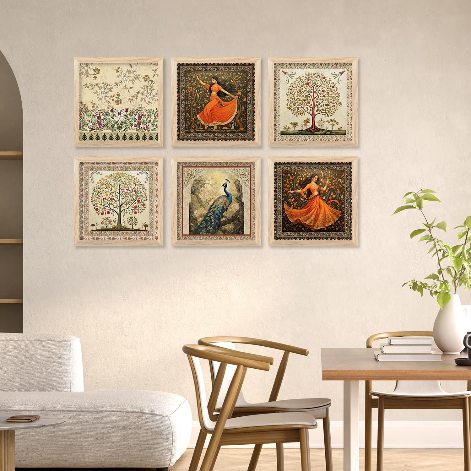 Kalit Kala Paintings For Wall Decoration With Frame | Tree Bird Flower Nature Indian Women Madhubani Art Paintings For Living Room, Bedroom | Set Of 6 | 10 X 10 Inches | Indian Women Madhubani Art 5