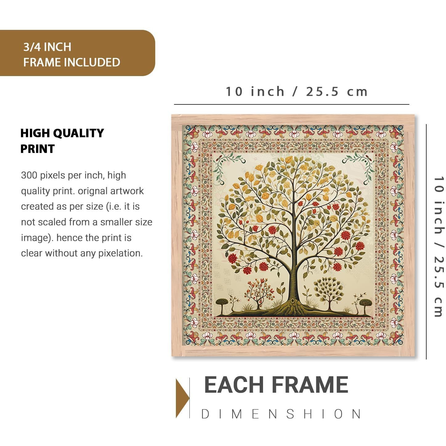 Kalit Kala Paintings For Wall Decoration With Frame | Tree Bird Flower Nature Indian Women Madhubani Art Paintings For Living Room, Bedroom | Set Of 6 | 10 X 10 Inches | Indian Women Madhubani Art 5