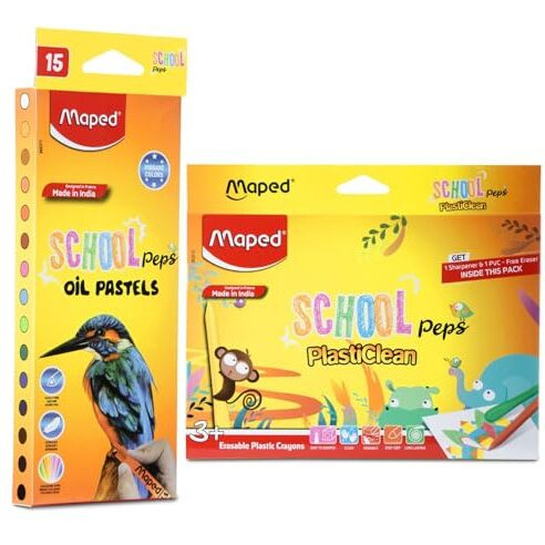 Maped Colouring Kit - Plastic Crayons (15 Shades) & Oil Pastels (12 Shades) - Triangular, Erasable Crayons - Soft, Bright Oil Pastels - Suitable For Students & Professionals