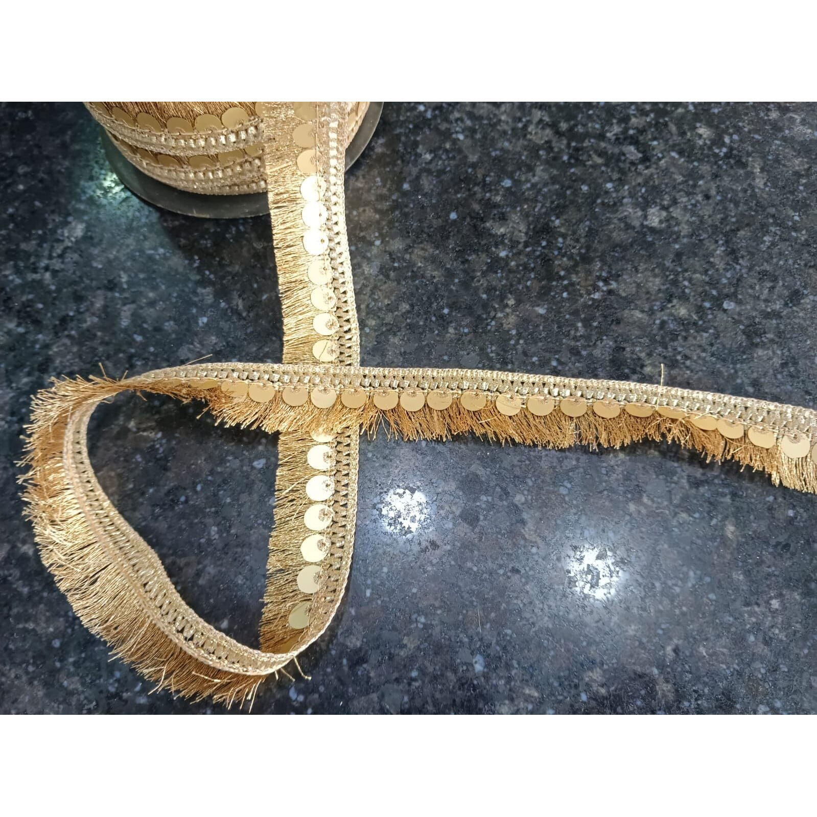 Nnj Group Decorative Sequined Silk Or Zari Thread Tassel Fringe Trim Lace For Saree, 9 Metres, Gold