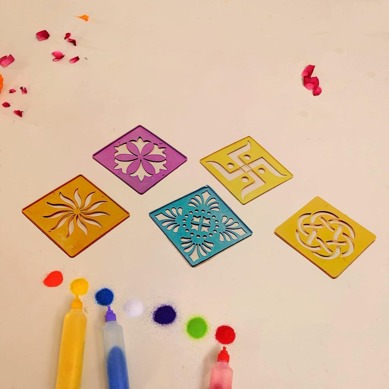 Craftvatika Rangoli Stencil Set Of 12, Diwali Decoration Items, Rangoli Making Tools Kit Stencils For Floor Decorations, Reusebale Rangoli Stencils (10.5 Cm Square)