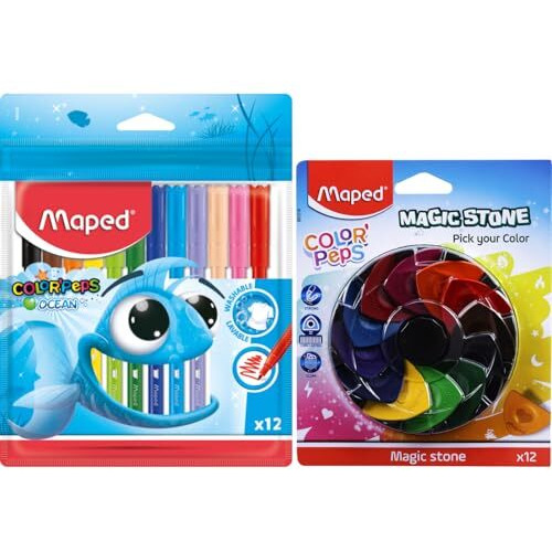 Maped Magic Colour Combo-Set Of 2|Ocean Felt Tip Pen-12 Shades| Magic Stone-12Shades|Brigh Colour Sketch Pens|Washable Fineliners|Safe & Clean| Ideal For Drawing & Colouring|Birthday Gift| Return Gift