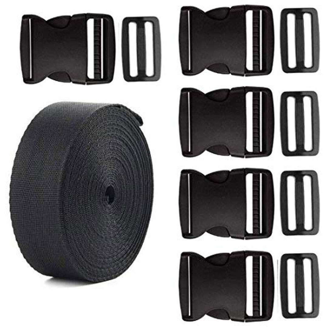 Diy Crafts Quick Release Buckle Set & Tri-Glide Adjustment Clips With 5 Yard Black Webbing Ribbon(Pack Of 5 Pcs, 2 Inch) (Design  No 1, Pack Of 5 Pcs)