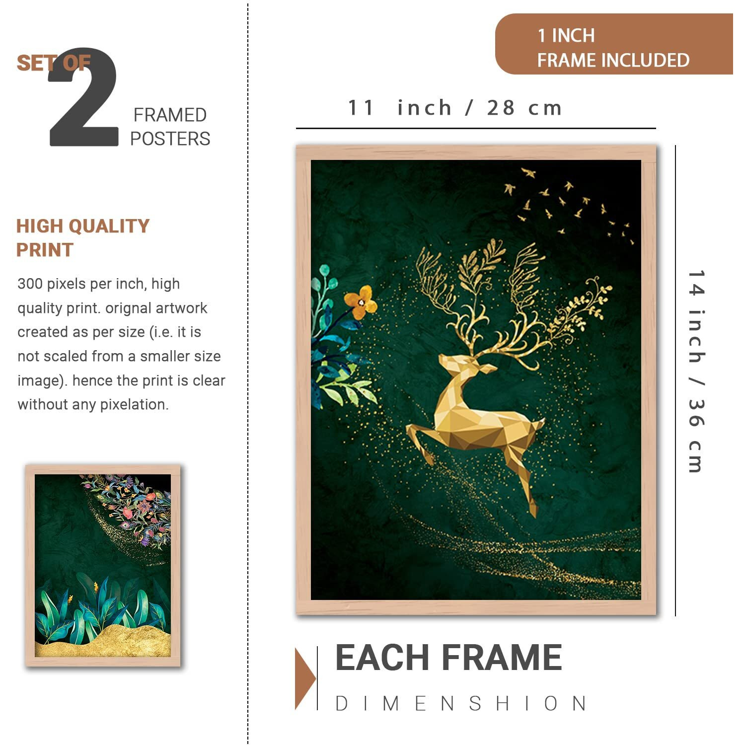 Kalit Kala Decor Paintings For Wall Decoration With Frame | Golden Deer In Forest Paintings For Living Room, Bedroom | Big Size Set Of 4