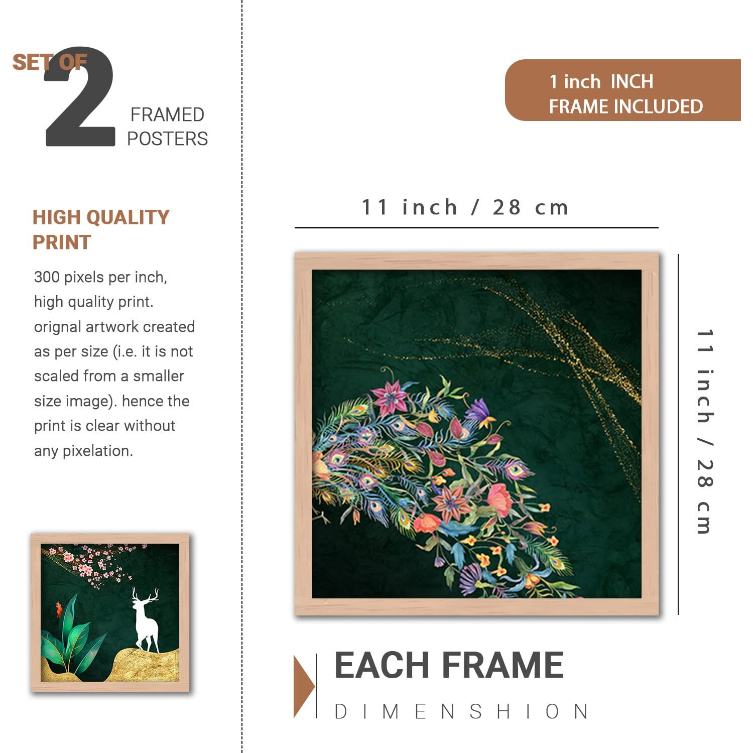 Kalit Kala Decor Paintings For Wall Decoration With Frame | Golden Deer In Forest Paintings For Living Room, Bedroom | Big Size Set Of 4