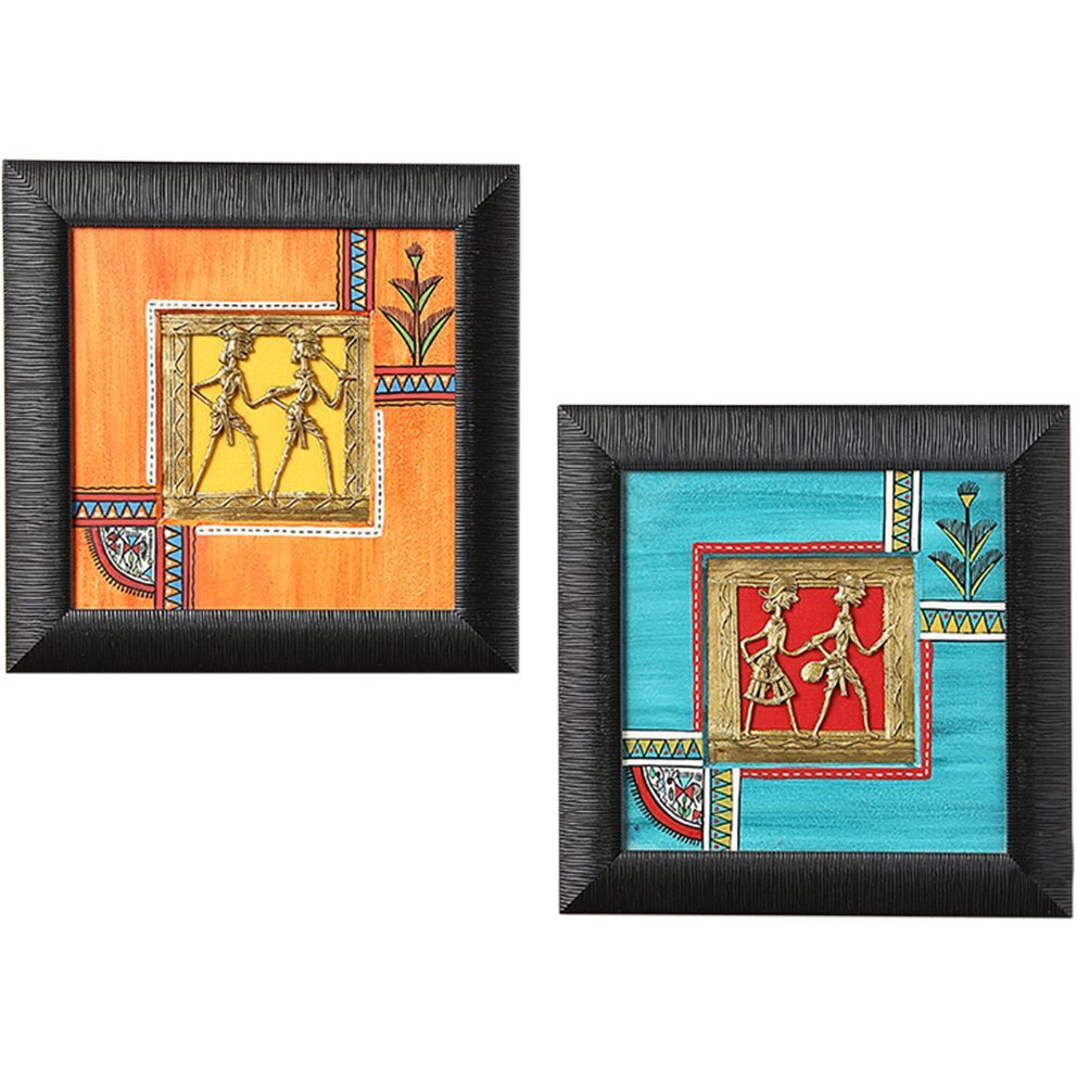 Exclusivelane Abstract Warli And Dhokra Living Room Wall Decor Painting (22.9 Cm X 2.5 Cm X 22.9 Cm, Sunset Orange And Ocean Blue) - Set Of 2