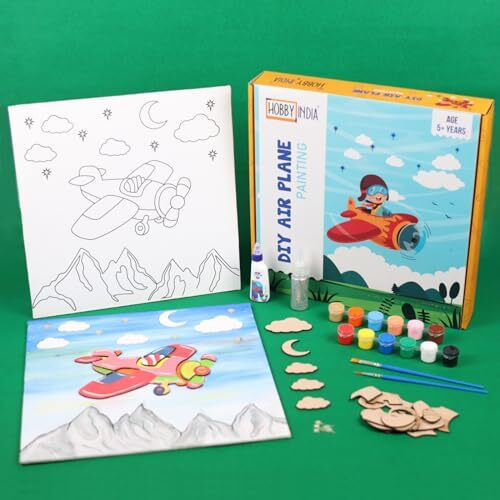 Hobby India Canvas Painting Kit Set For Kids Age 5+ I Pre-Sketched Art & Craft I Gift Diy Age 6-12 I Room Wall Hanging Office & Home Decor (Airplane)
