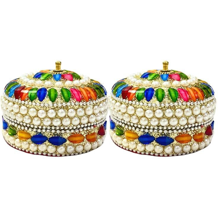 Adorn World Multicolored Sindoor Moti Dibbi Handcrafted Gifting Earrings Moti Box Kumkum Box & Kumkum Dibbi Sindoor Dani Decoration Box For Gift & Fancy Sindoor Dibbi (Pack Of 2)