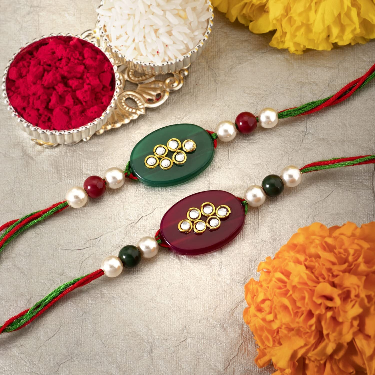 Peora Men Marble Stone Rakhi For Brother Combo Set Of 2 With Raksha Bandhan Greeting Card & Roli Chawal