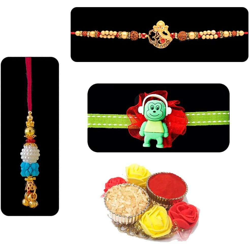 Saugat Traders Designer Rakhi Set Of 3 For Brother-Bhabhi And Brother Kid With Roli Chawali Chopra -Ganesha Rakhi Designer Lumba Rakhi -Rakshabandhan-Gift For Brother-Kids Boy