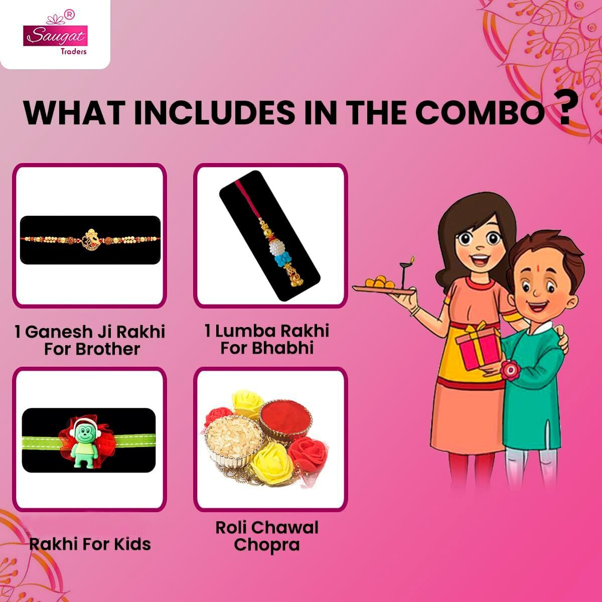 Saugat Traders Designer Rakhi Set Of 3 For Brother-Bhabhi And Brother Kid With Roli Chawali Chopra -Ganesha Rakhi Designer Lumba Rakhi -Rakshabandhan-Gift For Brother-Kids Boy
