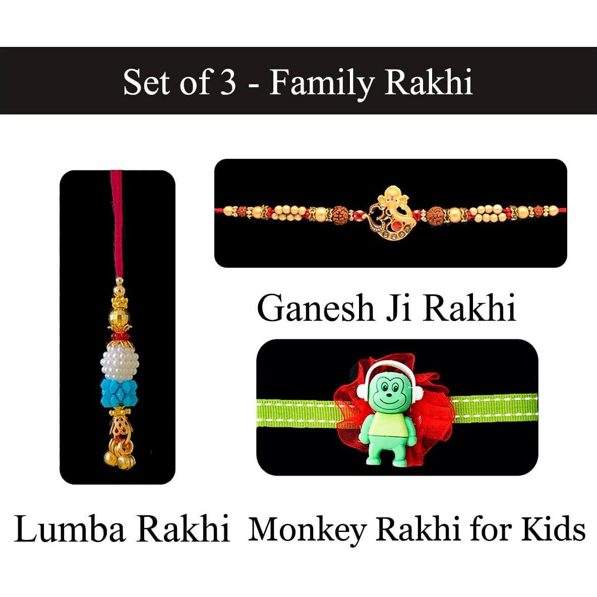 Saugat Traders Designer Rakhi Set Of 3 For Brother-Bhabhi And Brother Kid With Roli Chawali Chopra -Ganesha Rakhi Designer Lumba Rakhi -Rakshabandhan-Gift For Brother-Kids Boy