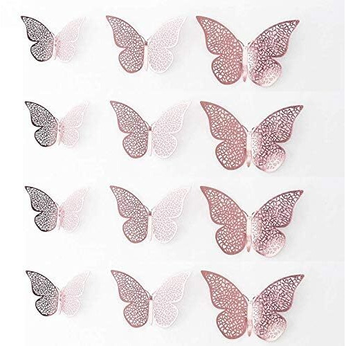 Voiish 3D Shimmer Rose Gold Butterfly Decorations - Pack Of 12 - Wall Decor For Home, Party, Living Room, Classroom, Kids Bedroom - Stickers For Birthday Parties (Shimmer Rose Gold, Pack Of 1-12 Pcs)