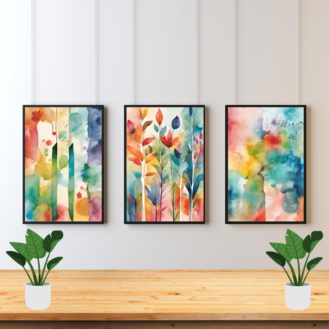 Casabonica Boho Decor Wall Posters|Colorful Watercolor Flowers Wall Frames|Framed Posters|Wall Posters With Frame For Office, Home, Bedroom, Living Room|Set Of 3 | Size - A3