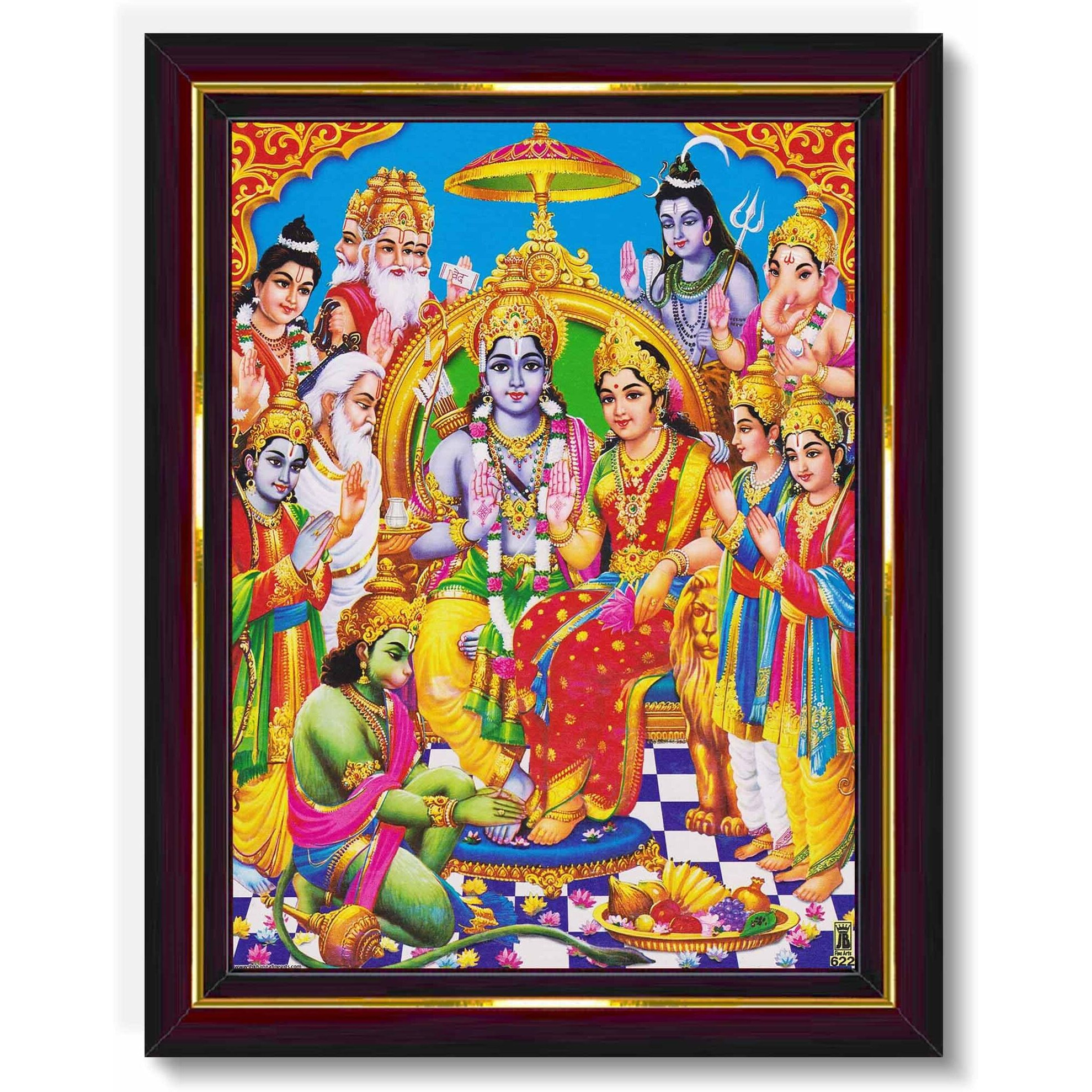 Pavan Photo Laminations Ram Darbar Lord Shri Rama Sita Parivar Family Wall Painting Framed Home Decor (Wood,Matte,Brown,Big Size,10 X 12 Inch) B745M