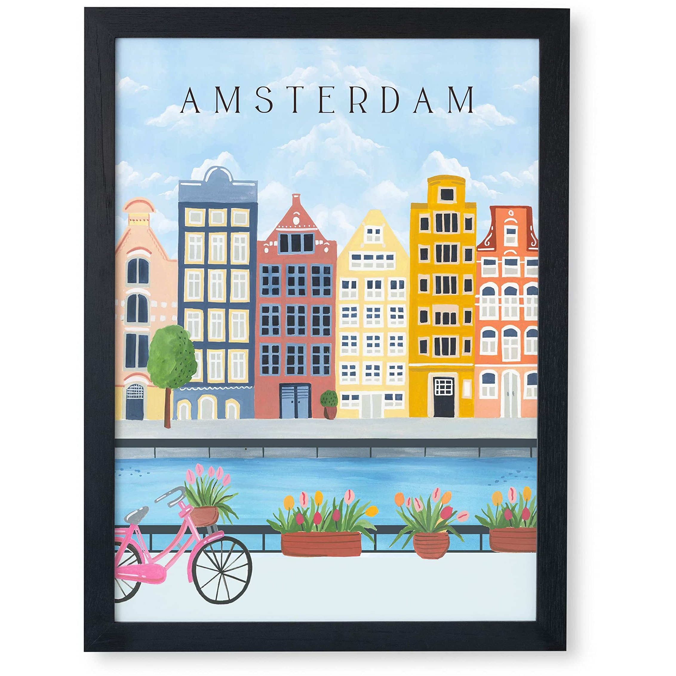 The Spring Palette | Amsterdam - Travel Inspired Modern Wall Painting | Modern Art Painting For Living Room Bed Room And Office | 11 X 14 Inches (Black Frame)