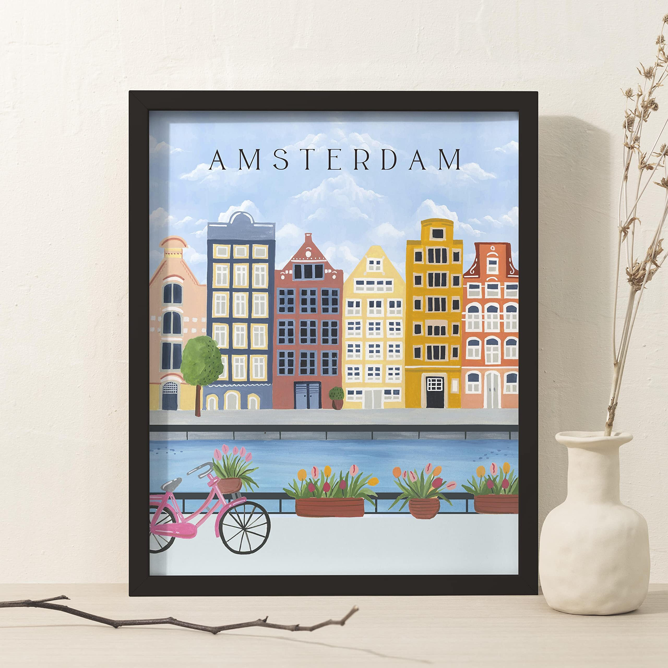 The Spring Palette | Amsterdam - Travel Inspired Modern Wall Painting | Modern Art Painting For Living Room Bed Room And Office | 11 X 14 Inches (Black Frame)