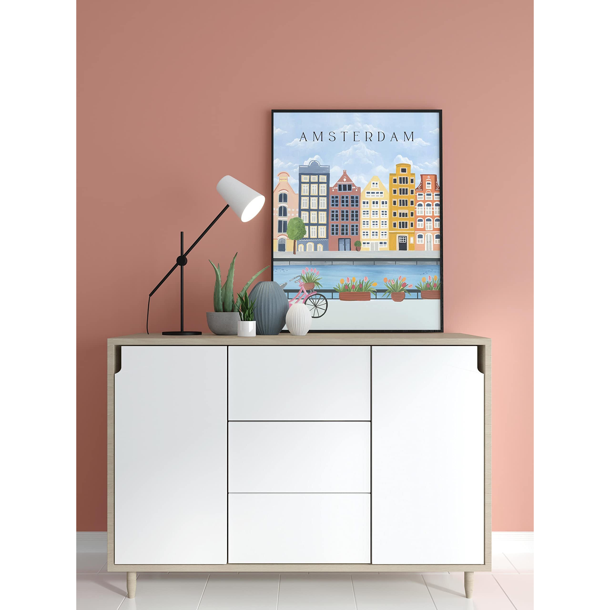 The Spring Palette | Amsterdam - Travel Inspired Modern Wall Painting | Modern Art Painting For Living Room Bed Room And Office | 11 X 14 Inches (Black Frame)