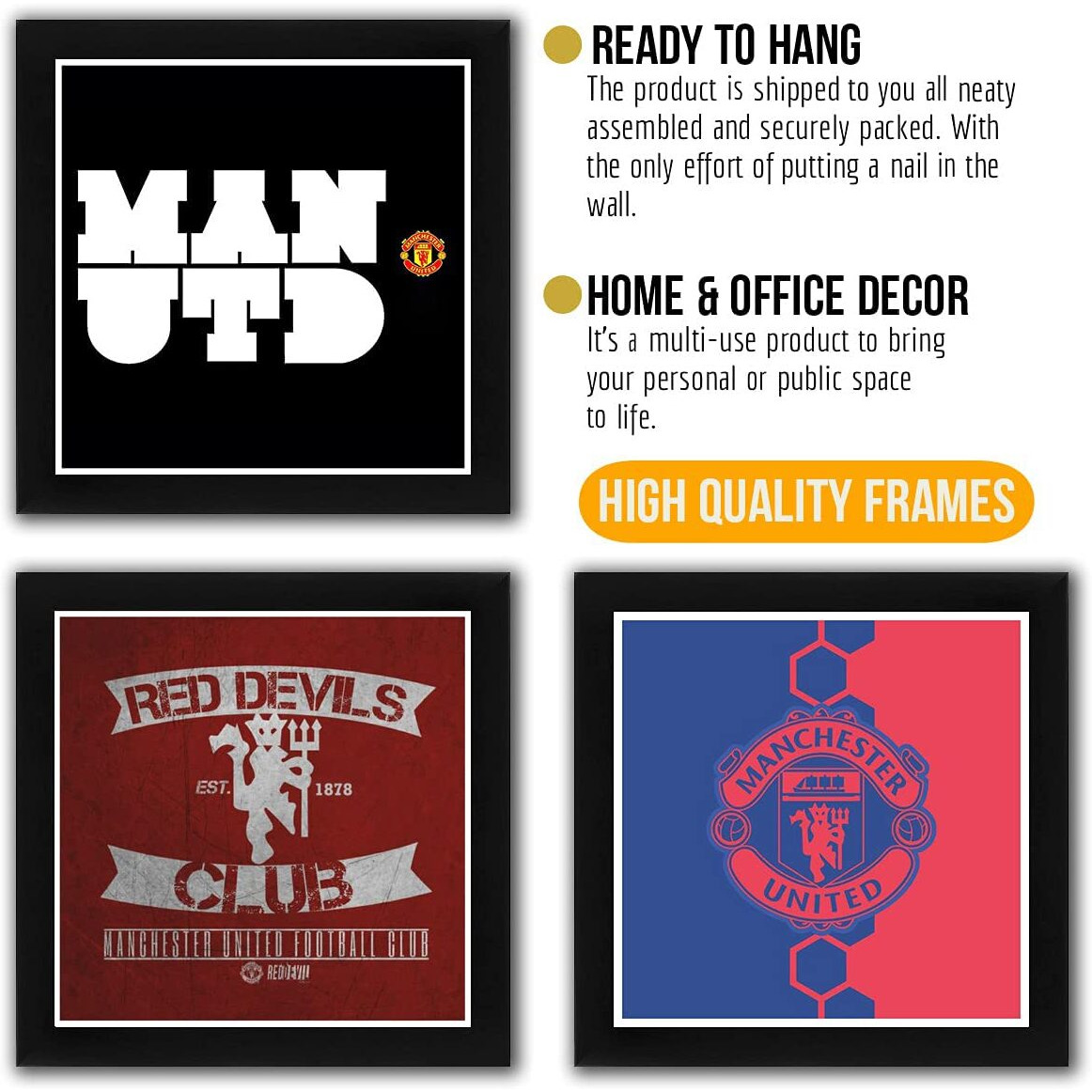 Interio Crafts Synthetic Wood Manchester United Football Club Sports Framed Posters -Black 8X8 Inches Frame, Pack Of 3