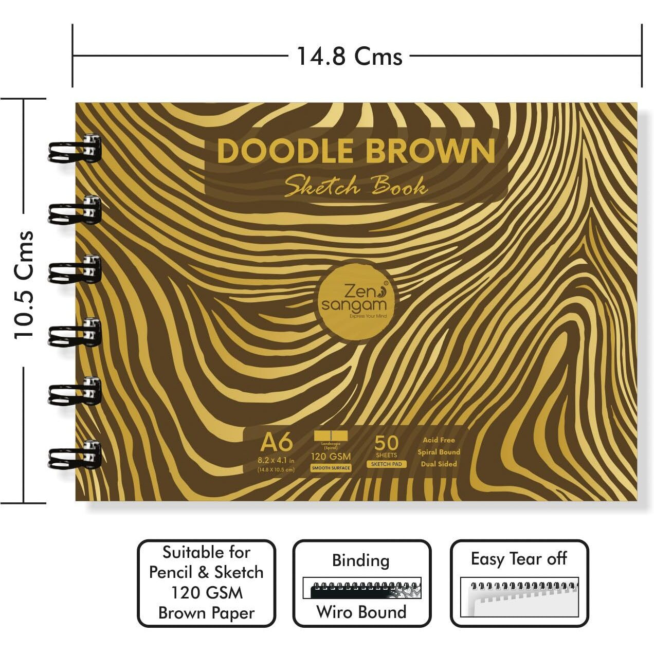 Zen Sangam Artists A6 Spiral 120 Gsm Brown Toned Paper Sketchbook - Landscape - Smooth Surface - 50 Sheets | Size (14.8X110.5Cm) For Color Pencils,Fineliners,Crayons,Oil Pastels,Wax Crayons,Charcoal