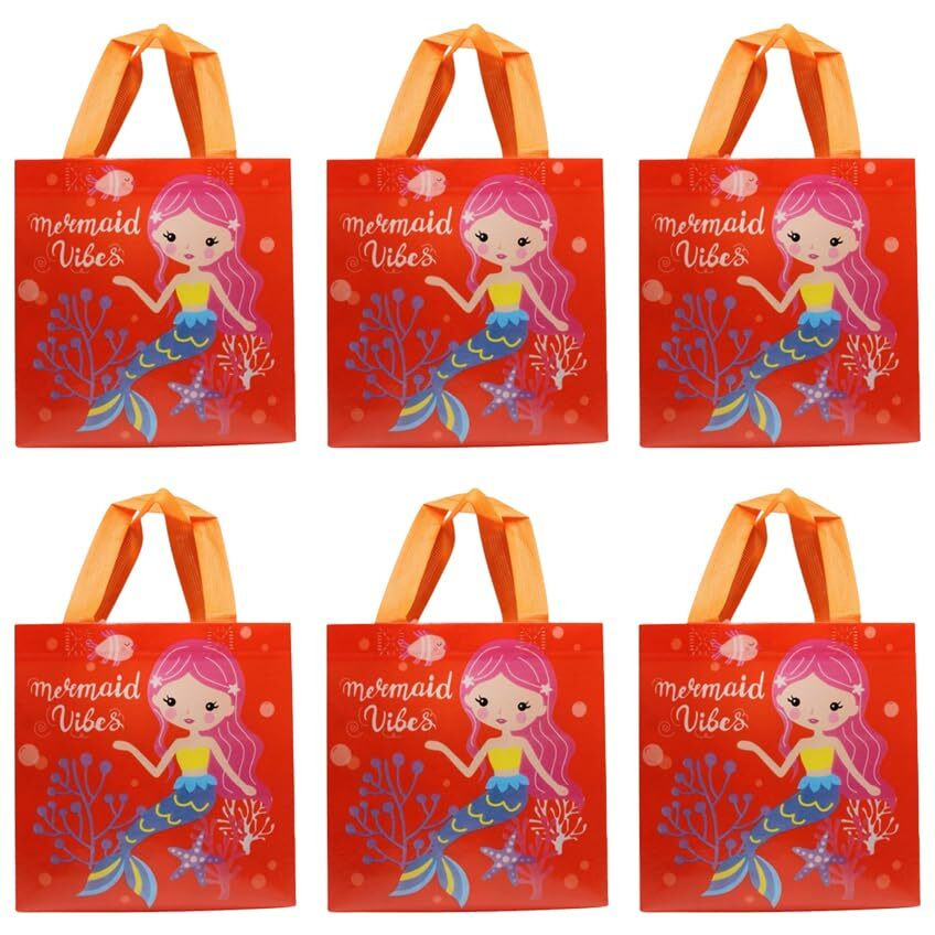 Wonderland Set Of 6 Red Mermaid Print Non Woven Bag For Children Birthday Return Gift Bag, Boy, Girl Gifting Bag