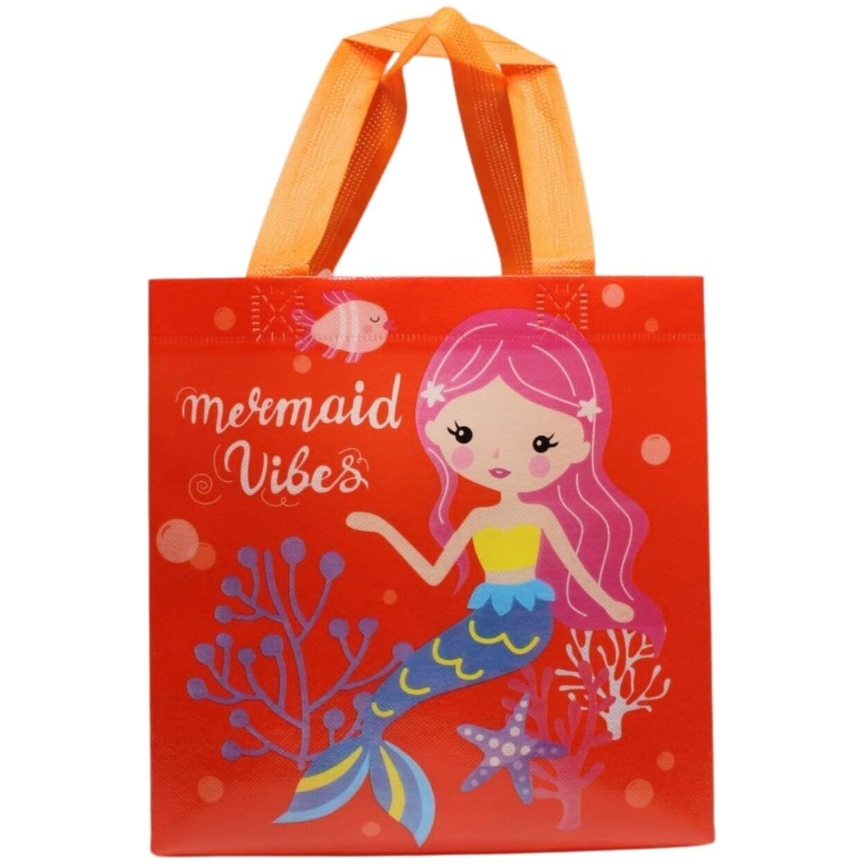 Wonderland Set Of 6 Red Mermaid Print Non Woven Bag For Children Birthday Return Gift Bag, Boy, Girl Gifting Bag