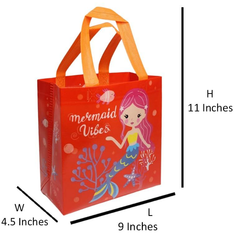 Wonderland Set Of 6 Red Mermaid Print Non Woven Bag For Children Birthday Return Gift Bag, Boy, Girl Gifting Bag