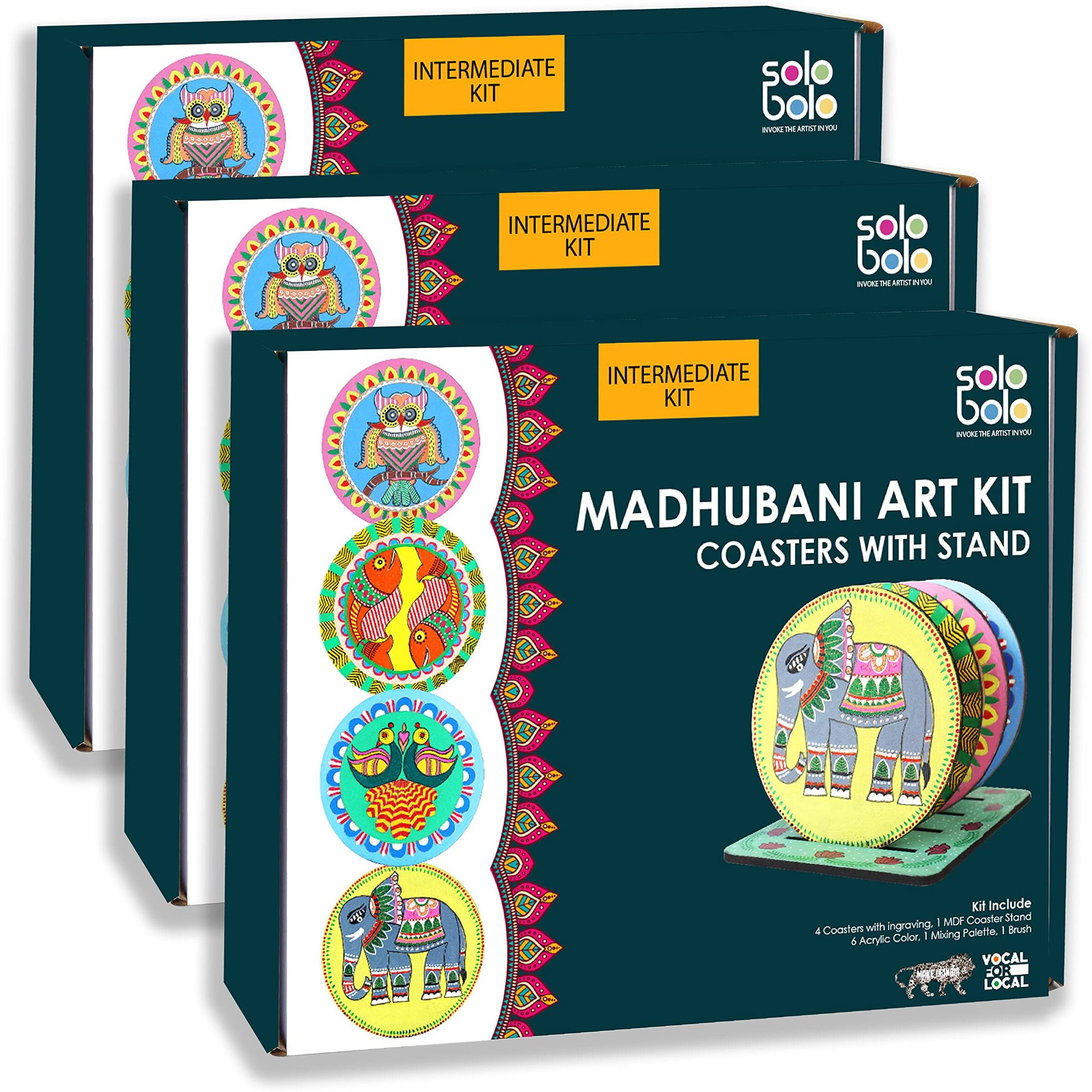 Solobolo Madhubani Painting Kit Tea Coasters With Stand, Art And Craft Kit For Girls 9-12, Coaster Diy Craft Kit, Painting Kit For Kids 6-12, Gift For Children's (Pack Of 3, Multicolor)
