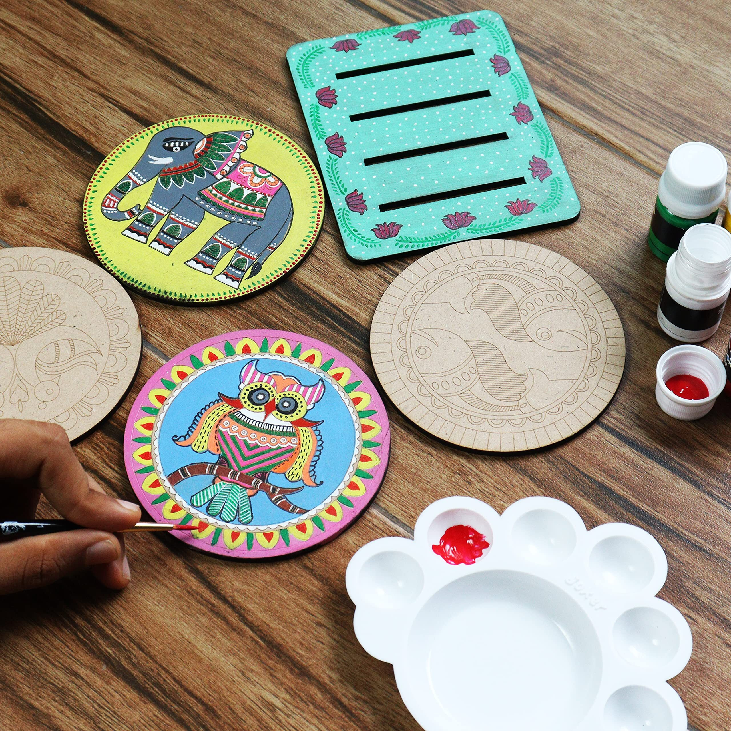 Solobolo Madhubani Painting Kit Tea Coasters With Stand, Art And Craft Kit For Girls 9-12, Coaster Diy Craft Kit, Painting Kit For Kids 6-12, Gift For Children's (Pack Of 3, Multicolor)