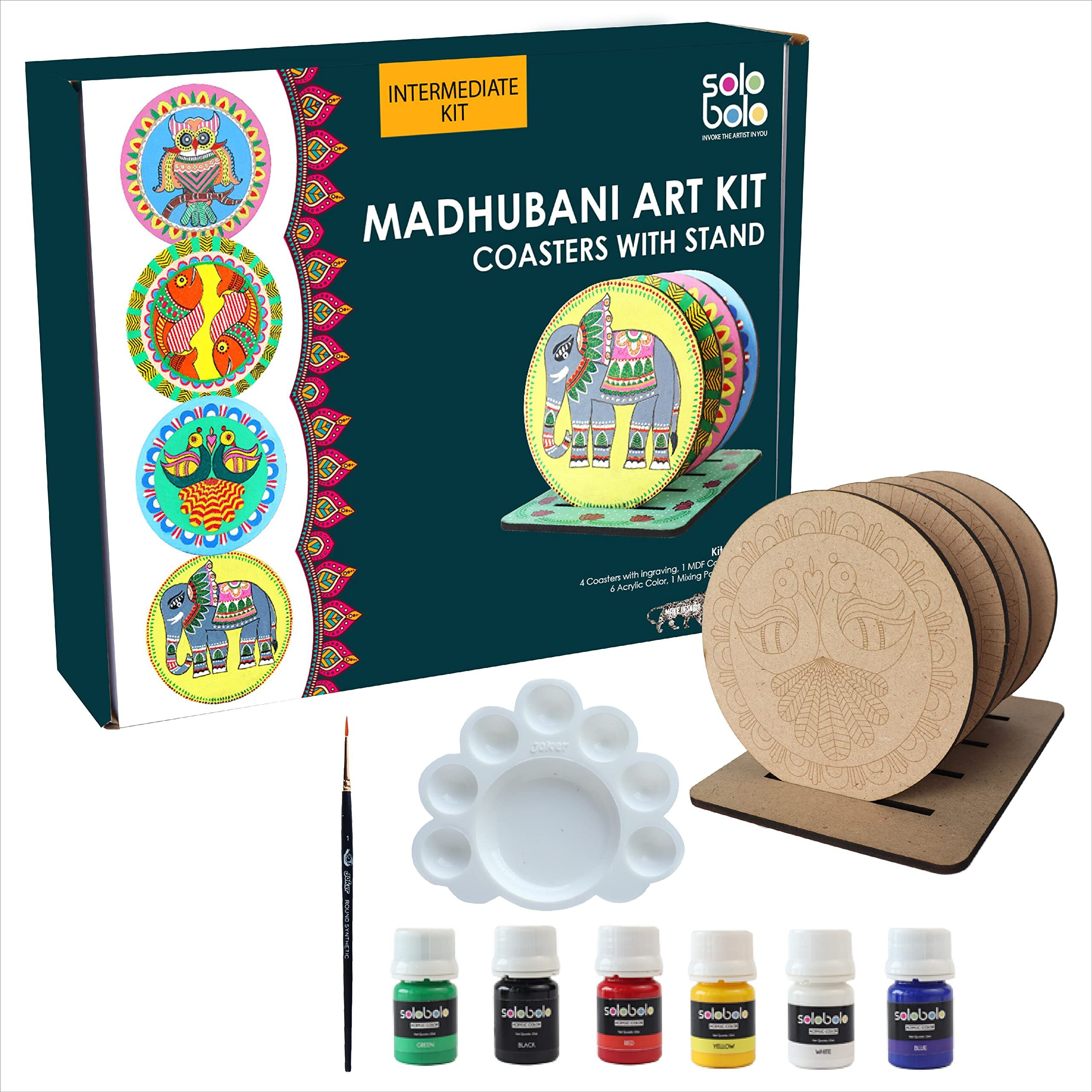Solobolo Madhubani Painting Kit Tea Coasters With Stand, Art And Craft Kit For Girls 9-12, Coaster Diy Craft Kit, Painting Kit For Kids 6-12, Gift For Children's (Pack Of 3, Multicolor)