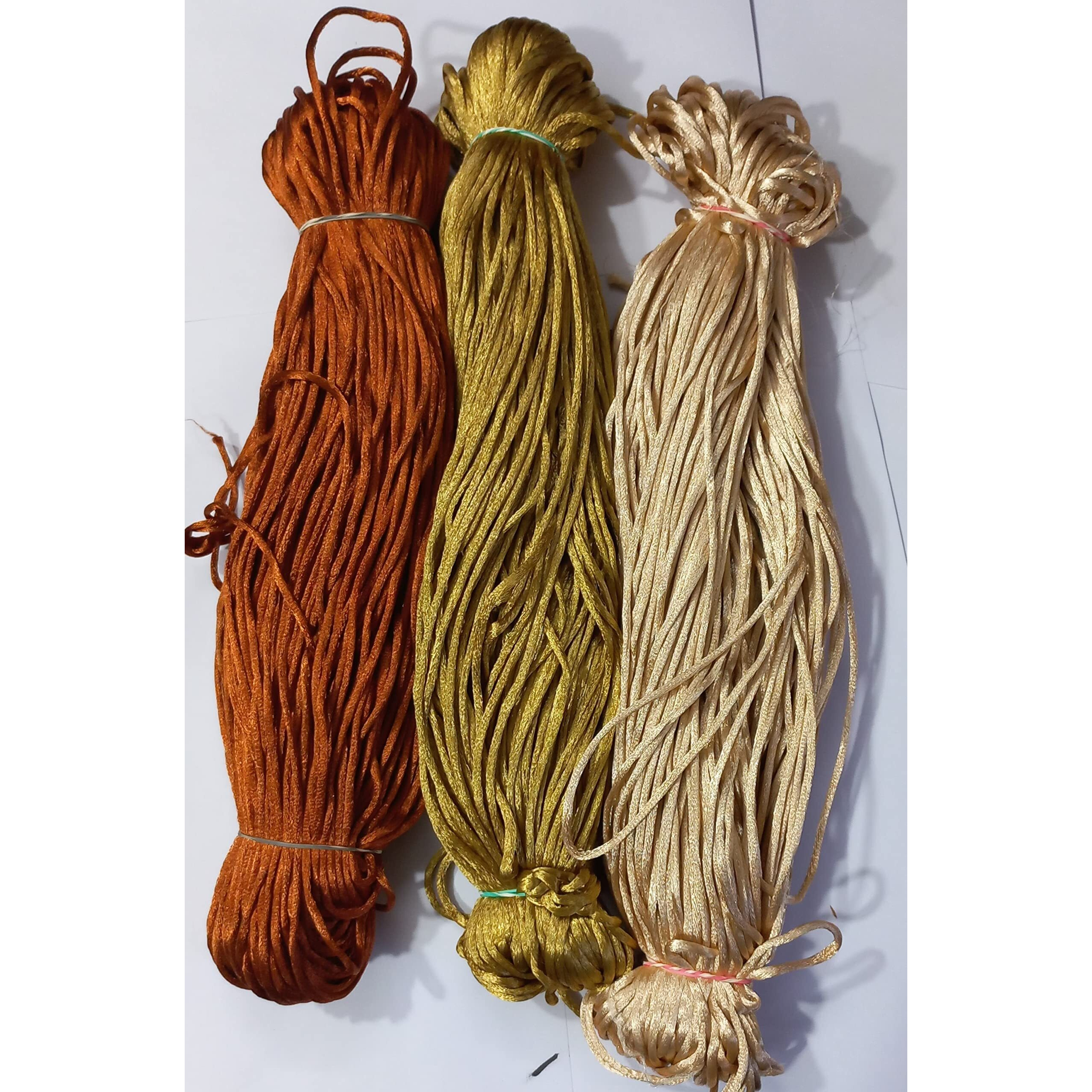 Omx 2.5 Mm Thick, 60 To 75 Mtr, In 1 Roll, 3 Colours (Total 225 Mtr) Malai Macrame Cord/Malai Dori/Silk Macrame, Bugtail Satin Cord Shamballa Beading (Brown, Gold & Gold Beige)