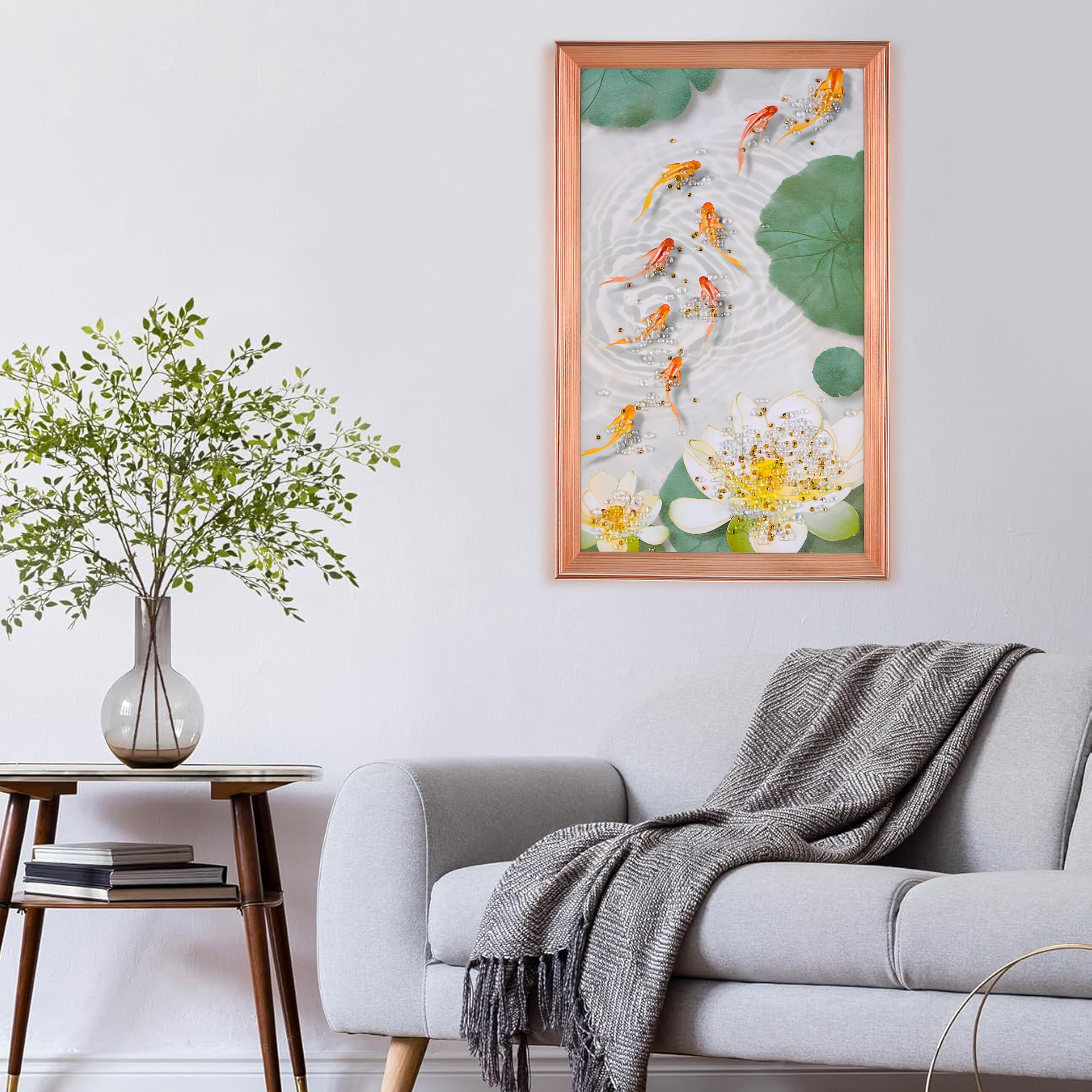 Home Elements Koi Fish And Lotus Wall Art Painting With Rose Gold Frame, Abstract Esthetic Decorative Framed Wall Hanging Painting For Living Room Bedroom Office Hotel Housewarming Gift Wall Decor - 30X50Cm
