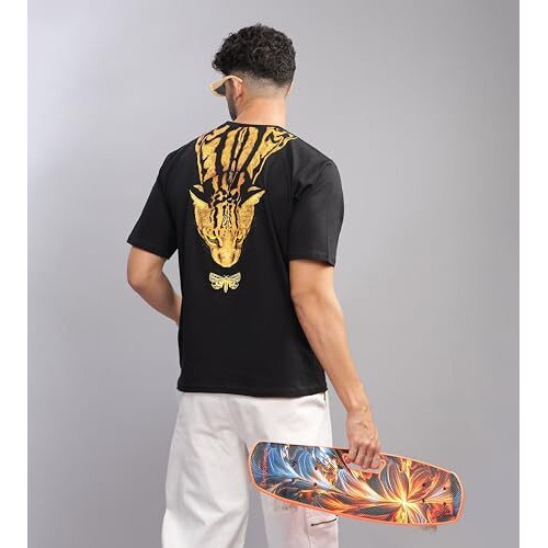 Kyda Men's 100% Pure Cotton Relaxed Fit Drop Shoulder Premium Front & Back Printed Black Oversized T-Shirt For Summer