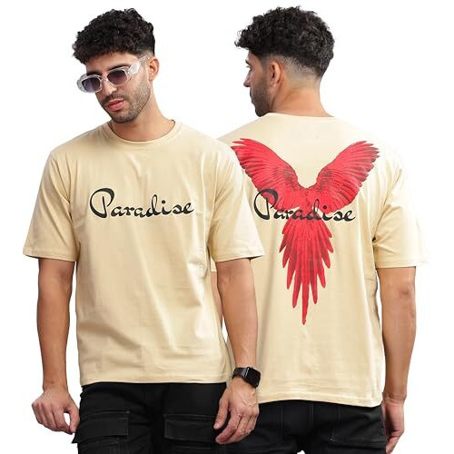 Kyda Men's 100% Pure Cotton Relaxed Fit Drop Shoulder Premium Front & Back Printed Cream Oversized T-Shirt For Summer