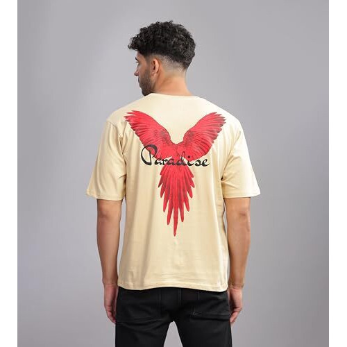 Kyda Men's 100% Pure Cotton Relaxed Fit Drop Shoulder Premium Front & Back Printed Cream Oversized T-Shirt For Summer