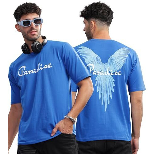 Kyda Men's 100% Pure Cotton Relaxed Fit Drop Shoulder Premium Front & Back Printed Blue Oversized T-Shirt For Summer