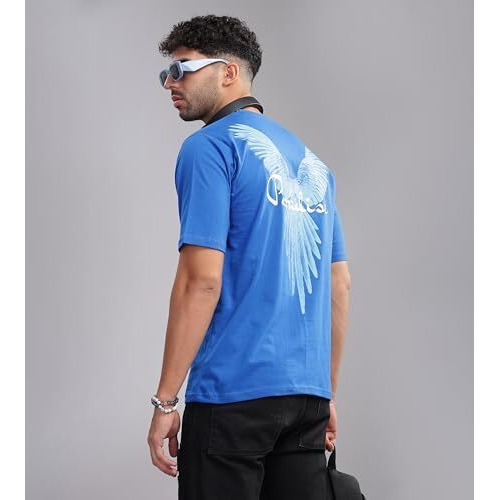 Kyda Men's 100% Pure Cotton Relaxed Fit Drop Shoulder Premium Front & Back Printed Blue Oversized T-Shirt For Summer