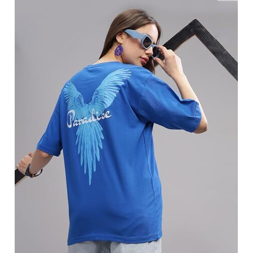 Kyda Women's 100% Pure Cotton Oversized Drop Shoulder Premium Front & Back Printed T-Shirt