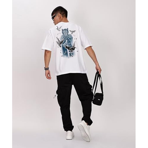 Kyda Men's Oversized 100% Cotton Round Neck Front And Back Printed Tshirt (Pack Of 1) White
