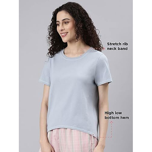 Enamor Women's Solid Relaxed Fit T-Shirt (E305_Blue Fog L)