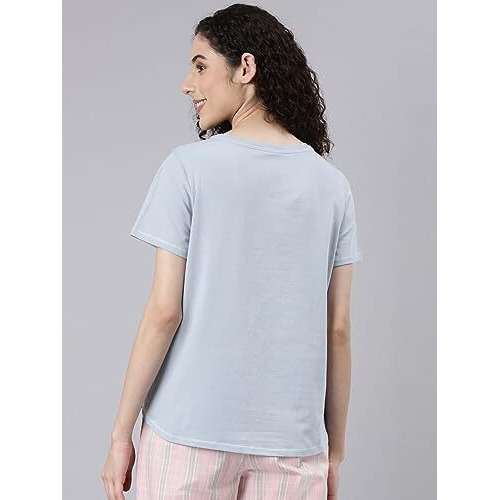 Enamor Women's Solid Relaxed Fit T-Shirt (E305_Blue Fog L)
