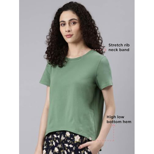 Enamor Women's Solid Relaxed Fit T-Shirt (E305_Dark Ivy L)