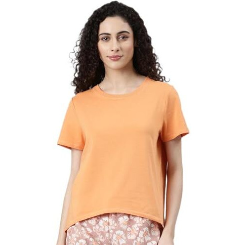 Enamor Women's Solid Relaxed Fit T-Shirt (E305_Tangerine M)