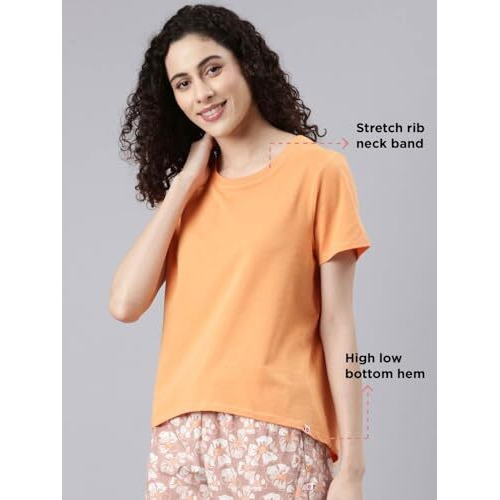 Enamor Women's Solid Relaxed Fit T-Shirt (E305_Tangerine M)