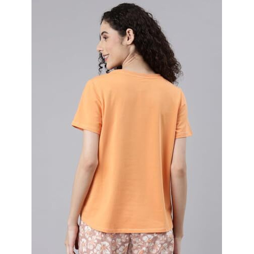 Enamor Women's Solid Relaxed Fit T-Shirt (E305_Tangerine M)